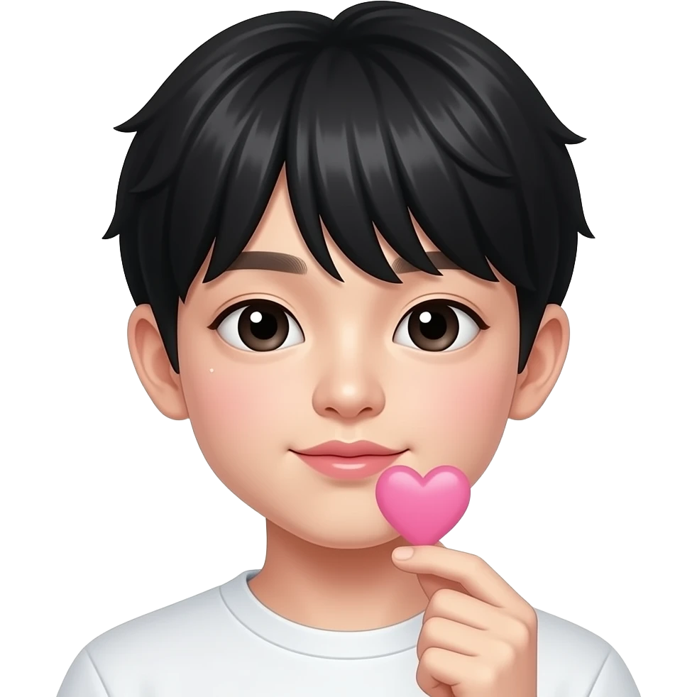 Sending kiss Cute Korean boy emoji, soft black straight bangs, pale skin, blowing lips, gentle round eyes, subtle mole under right eye, sending a pink heart near lips, glossy 3D Pixar-style render, realistic Korean idol vibe, face and hand only emoji