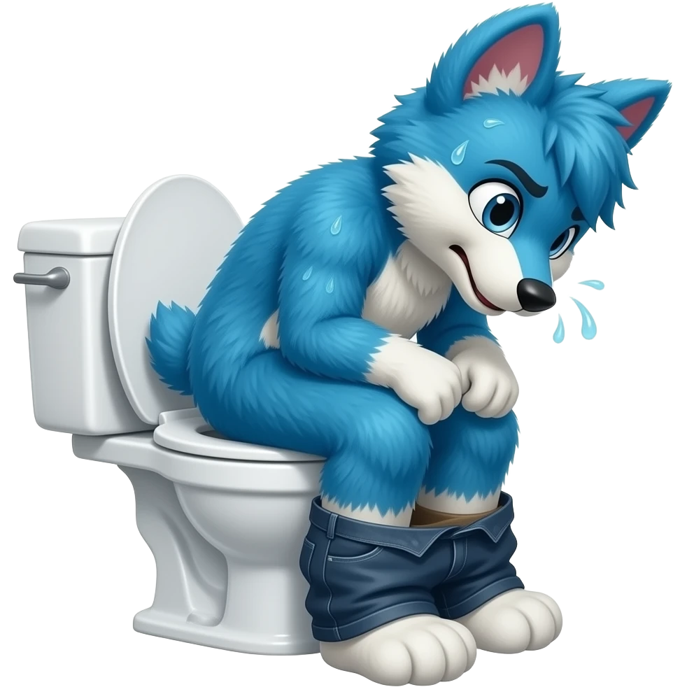 blue fursuit sitting on toilet, side view, pants down, straining, blushing, sweating emoji