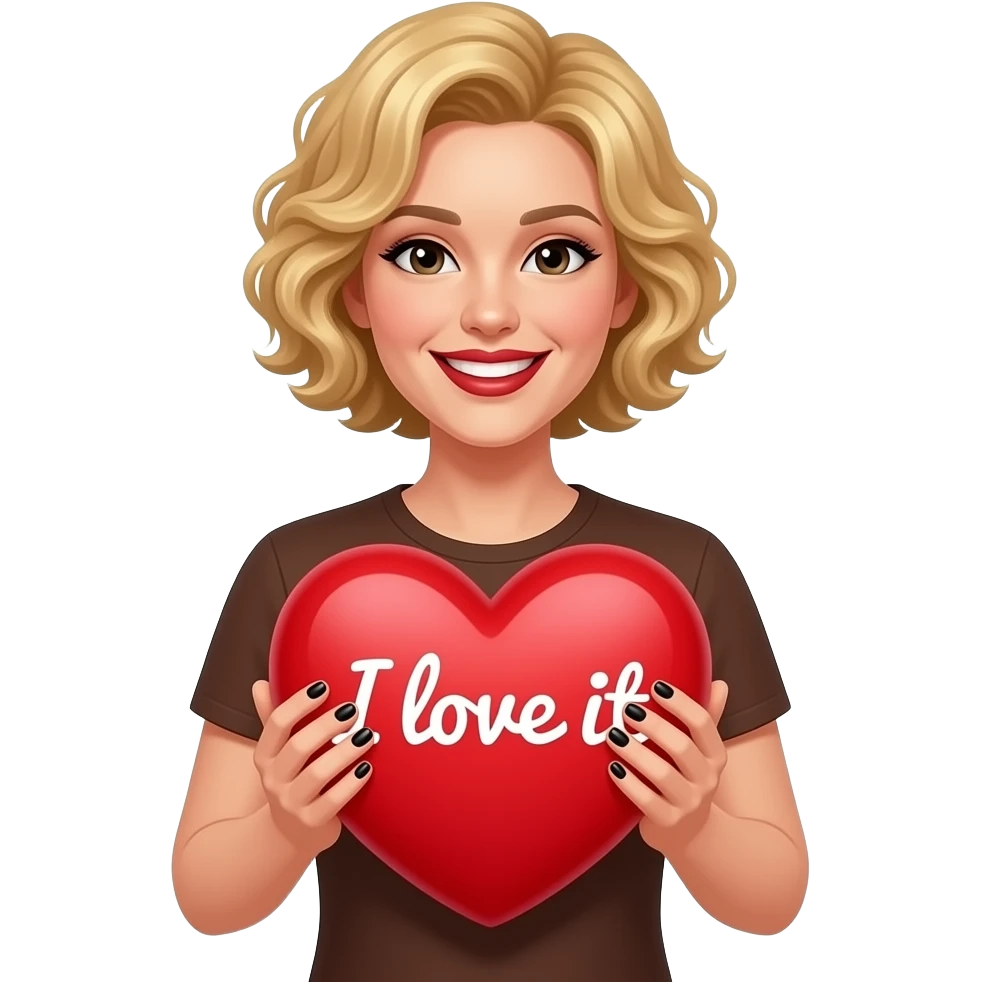 Short blond hair in curly sed swept holding a big red heart  saying I love itin both hands in black polish and dark red lipstick smiling, in a brown t shirt emoji