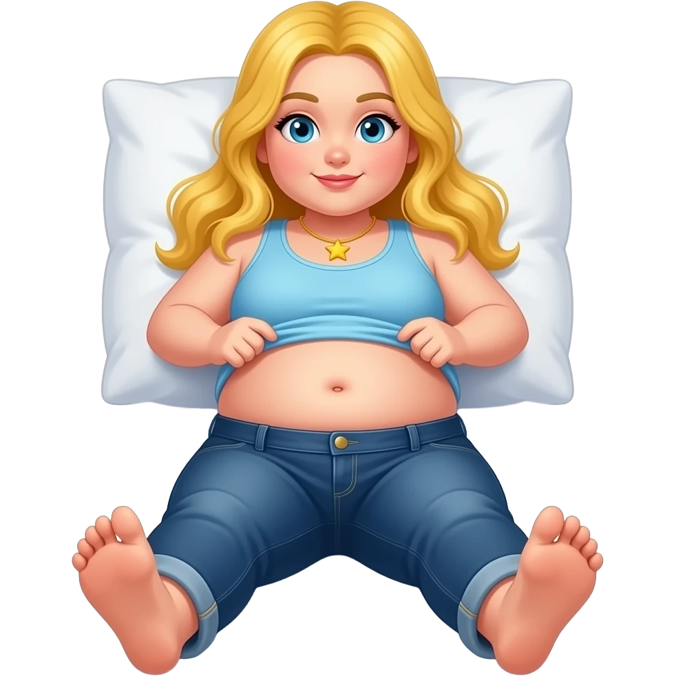 Chubby white girl blue eyes yellow long hair light blue tank top yellow star necklace dark blue plain jeans showing her feet lifting her tank top up to show chubby belly button laying down on her pillow in bed to show feet emoji