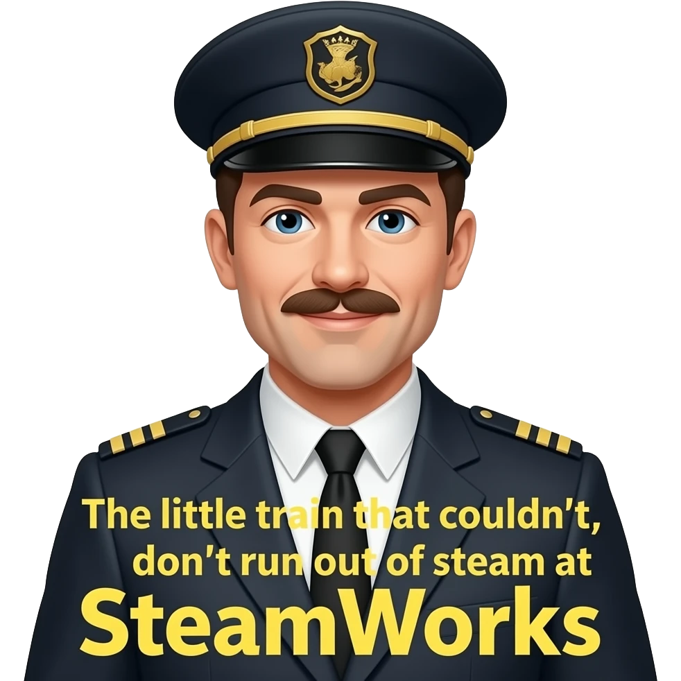 TPrint text: "The little train that couldn't, don't run out of steam at SteamWorks". Image of Gay leatherman train conductor, gay leatherman passengers on the little train that couldn't. emoji