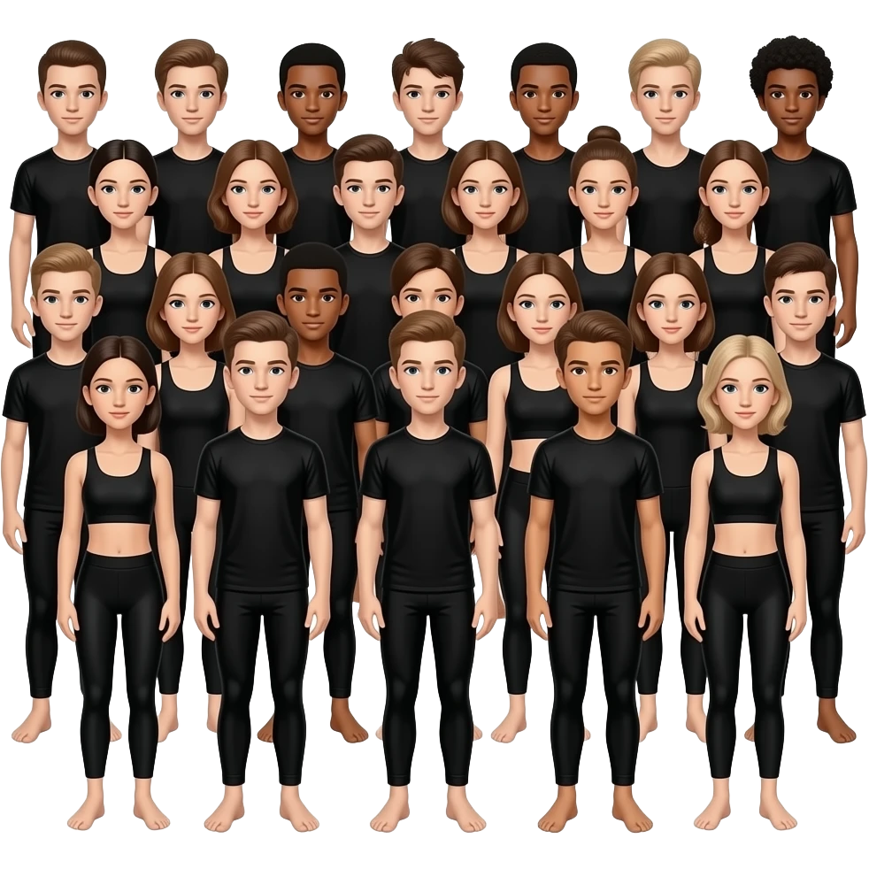 A large group of dancers wearing black workout clothes with bare feet, 3 of which are boys emoji