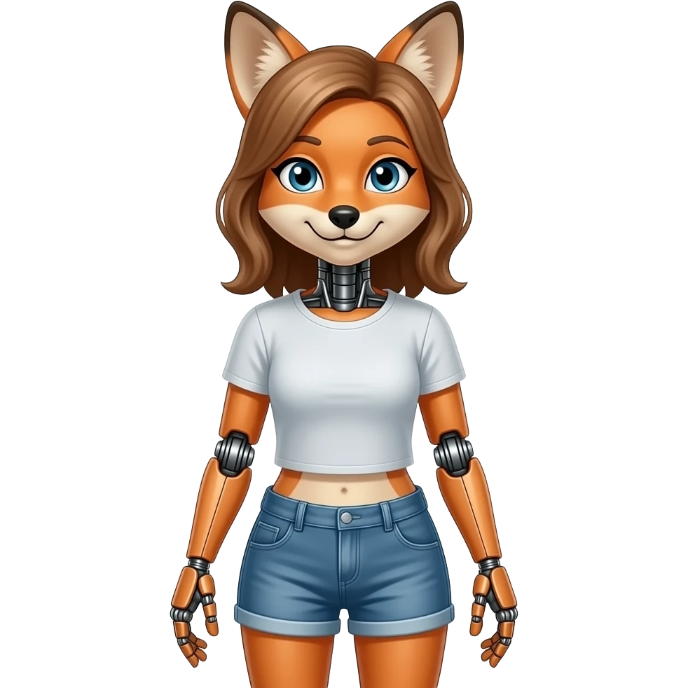 A humanoid robot female fox wearing a tee shirt and shorts emoji