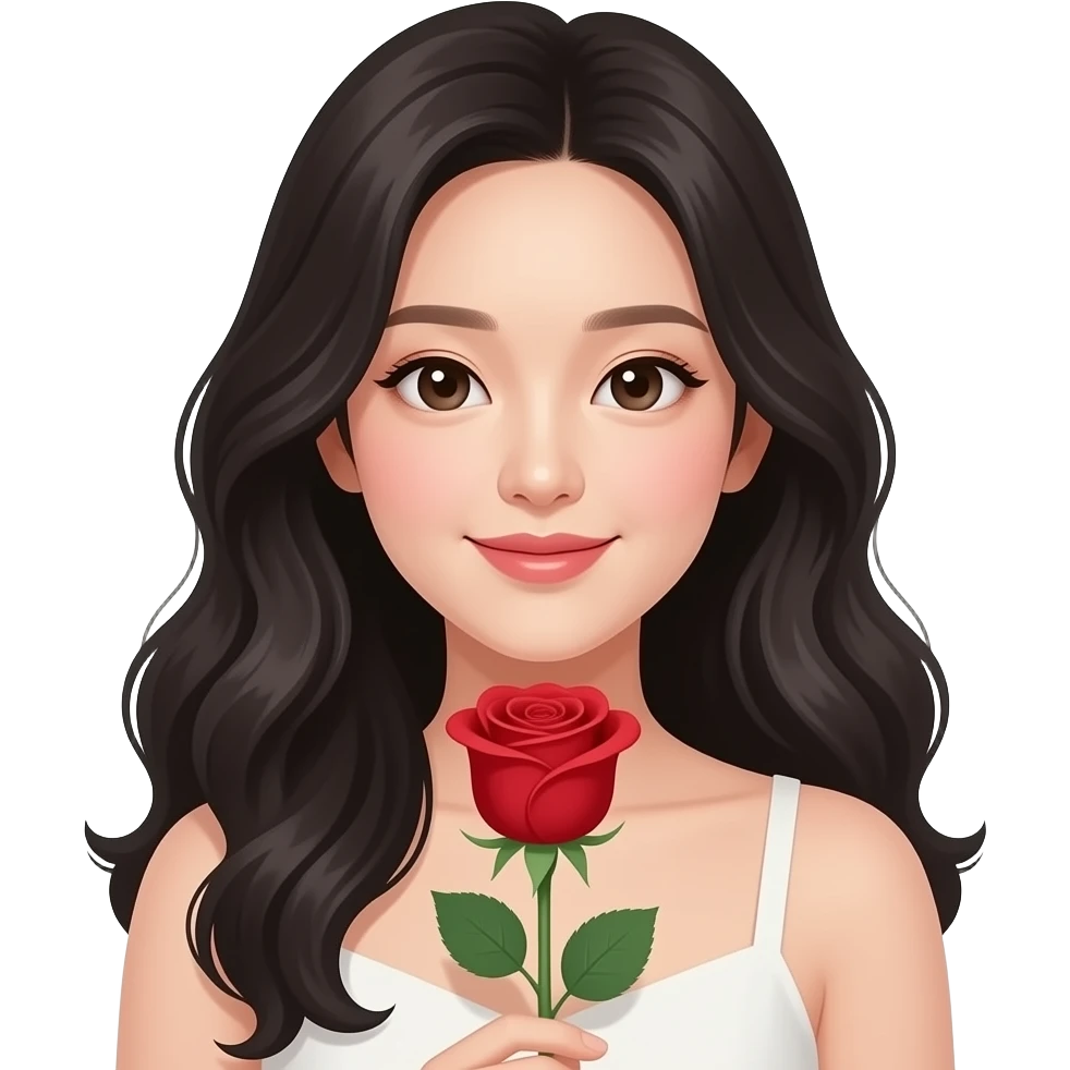 Mujer coreana recibiendo una rosa, que la chica sea piel muy clara, cabello ondulado y negro y con ojos asiáticos emoji