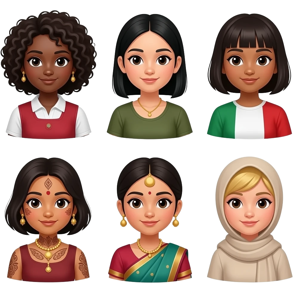 Make 9 girls, one black girl, one Korean girl, one Filipina girl, one Italian/polish girl, one Japanese girl, one Indian girl, one Indian girl, one Canadian girl, and one hijab girl emoji