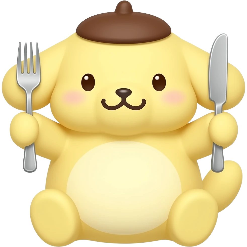 pompompurin con pancita por estar lleno de comida y unos cubiertos en la mano emoji