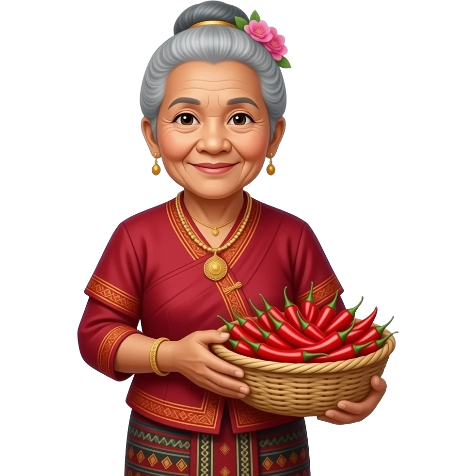 A Thai old woman is selling Thai chili peppers at the market emoji