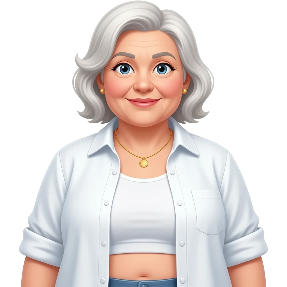 Fat white older woman in crop top and white shirts too small emoji