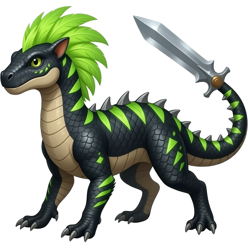 Cool edgy ancient black-scaled with neon-colored triangular stripe markings digitigrade bipedal vintage futuristic raptorik fantasy-Cyberpunk-Steampunk-Solarpunk-Genesect-Salamence-Tyranitar-Vernid-Fionbri-Fakémon-animal-hybrid, with neon-green feather-mane, and a tail blade, back spikes, full body emoji