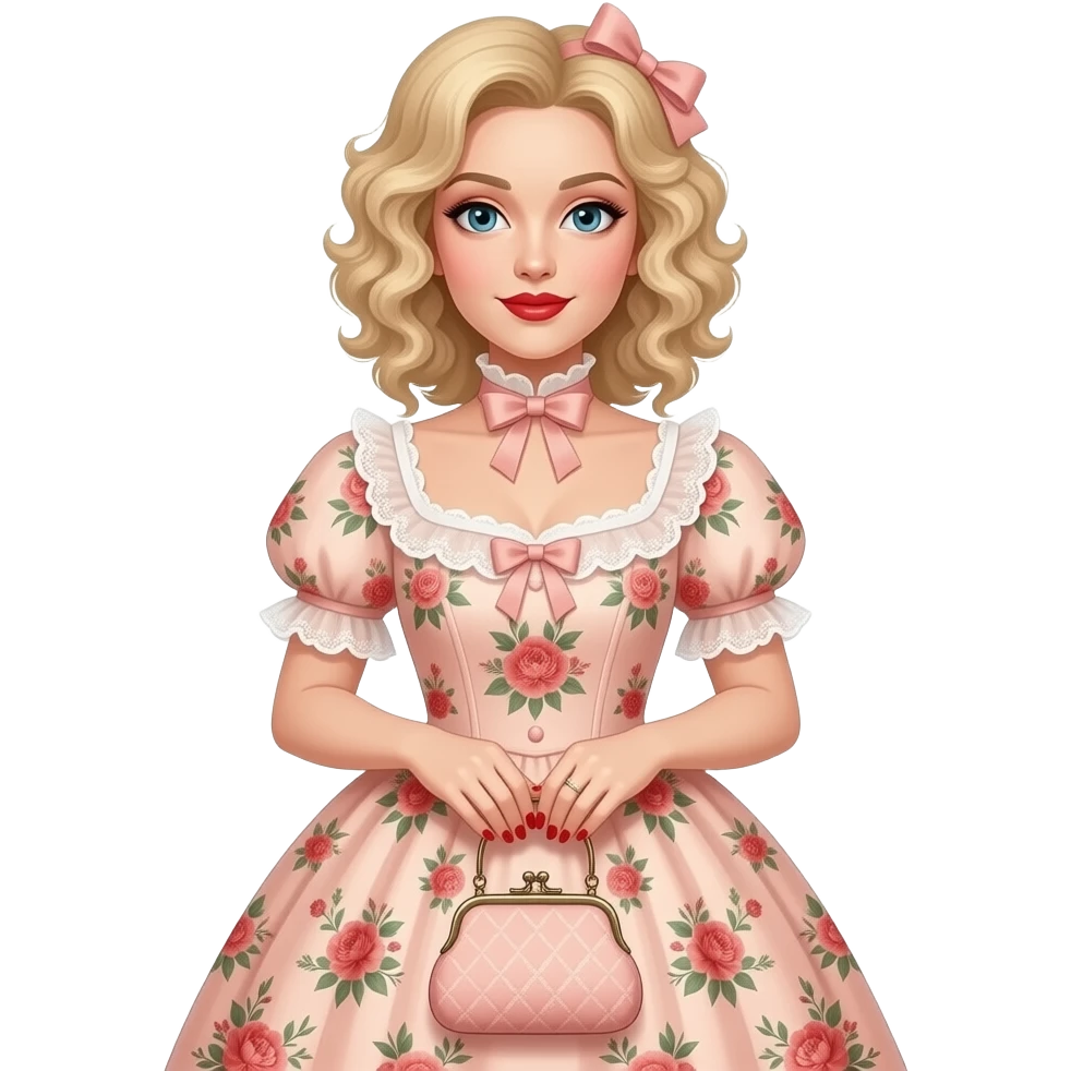 Short blonde curly hair side swept red lipstick in a peach floral Victorian dress, red nails. holding a Victorian peach purse emoji