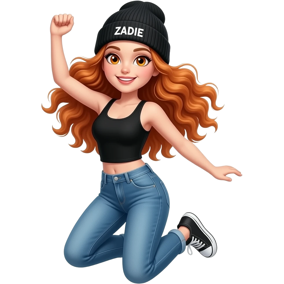 sexy girl with overlong wavy ginger hair and ginger eyes wearing a black tanktop and a black beanie with ZADIE written on it, is jumping emoji