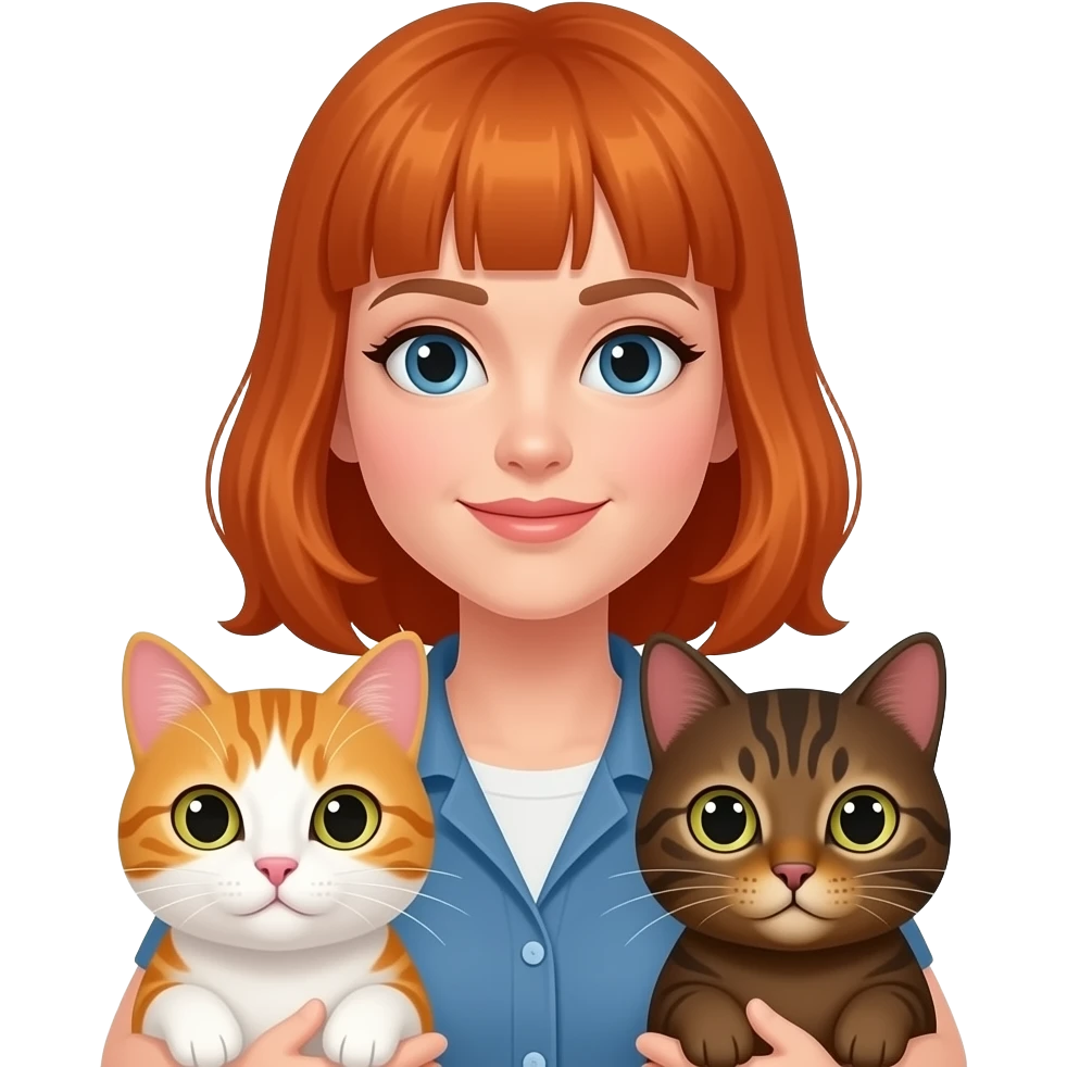mid red/ginger hair with bangs and blonde eyebrows woman with a orange striped white cat and a brownish dotted black cat emoji