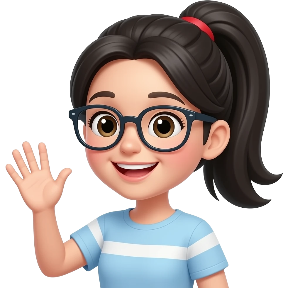 cheerful girl with glasses and ponytail black hair waving emoji
