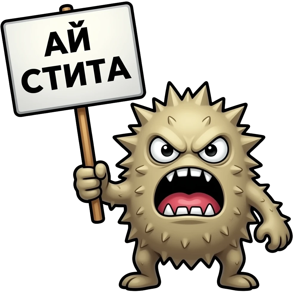 cute twitch emote, tiny chaotic creature holding a sign that says “АЙ СТИГА”, dramatic angry expression, meme energy, thick black outline, transparent background, BTTV style, ultra readable at small size emoji