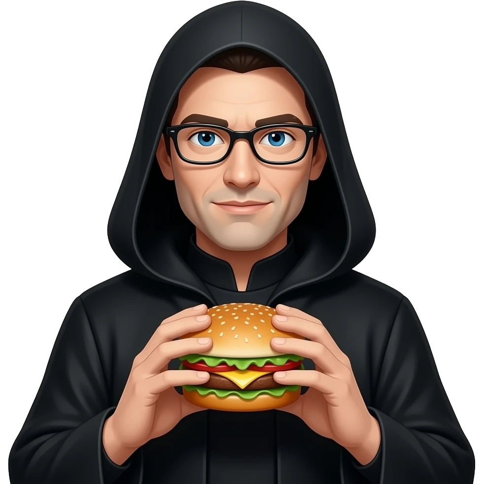Матрица нео взрослый в очках и черном плаще с бургером emoji