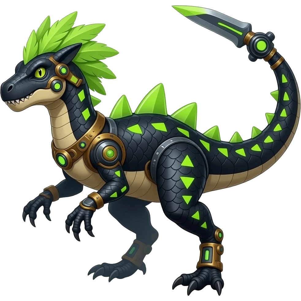 Cool edgy ancient black-scaled with neon-green triangular stripe markings digitigrade vintage futuristic raptorik fantasy-Cyberpunk-Steampunk-Solarpunk-Genesect-Salamence-Tyranitar-Vernid-Fionbri-Fakémon-animal-hybrid, with neon-green feather-mane, and a tail blade, back spikes, full body emoji