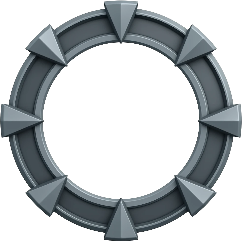 An ancient stargate made of dark gray metal with "Nine chevrons"(9) equally spaced around the rim, 10-1=9 emoji