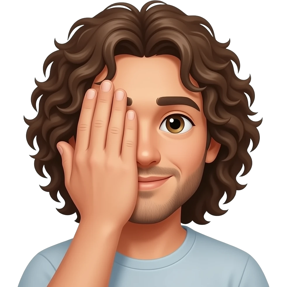 Homme cheveux long et bouclés avec la paume de main qui cache le visage emoji