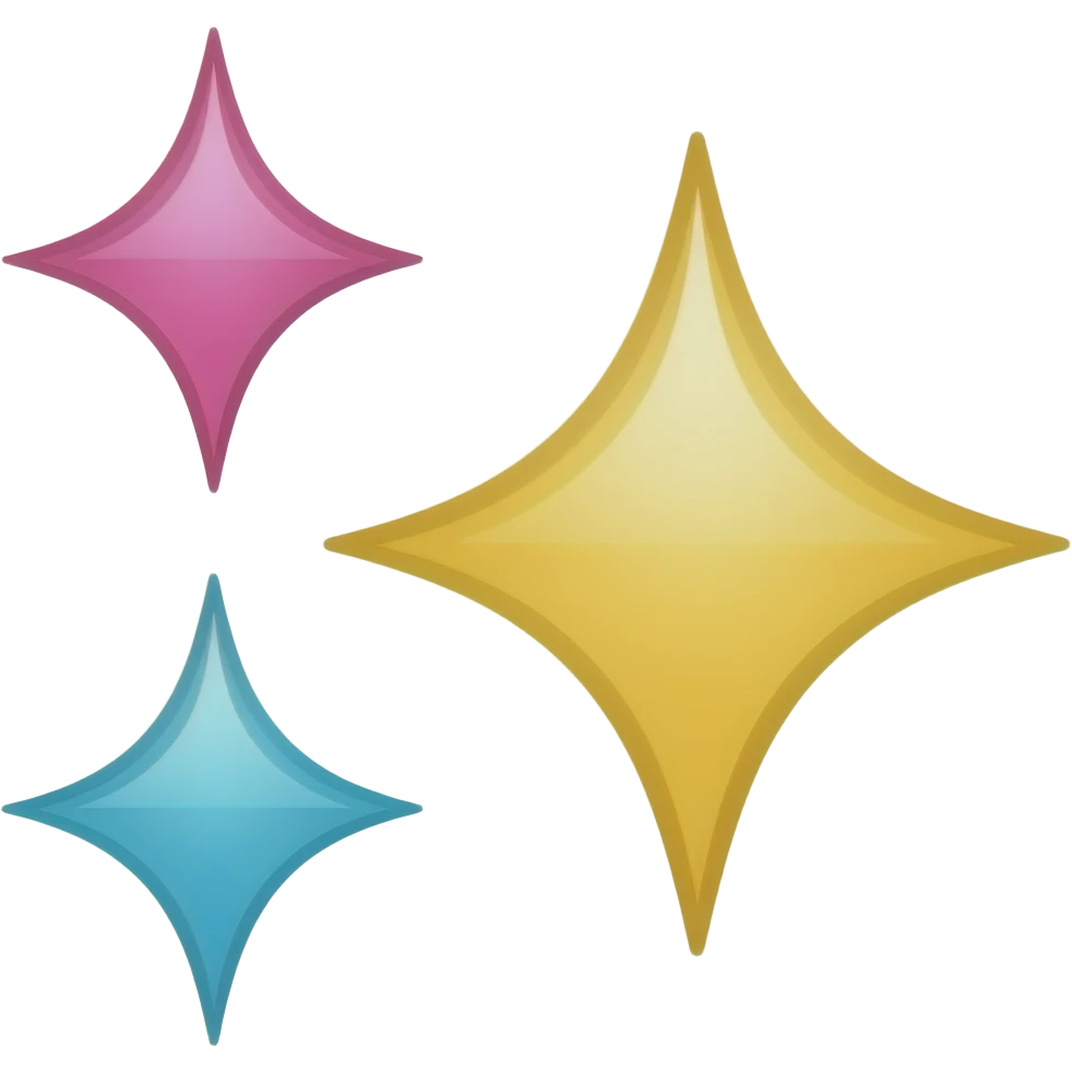 three sparkles yellow(central right) pink(top left) blue(bottom left) emoji