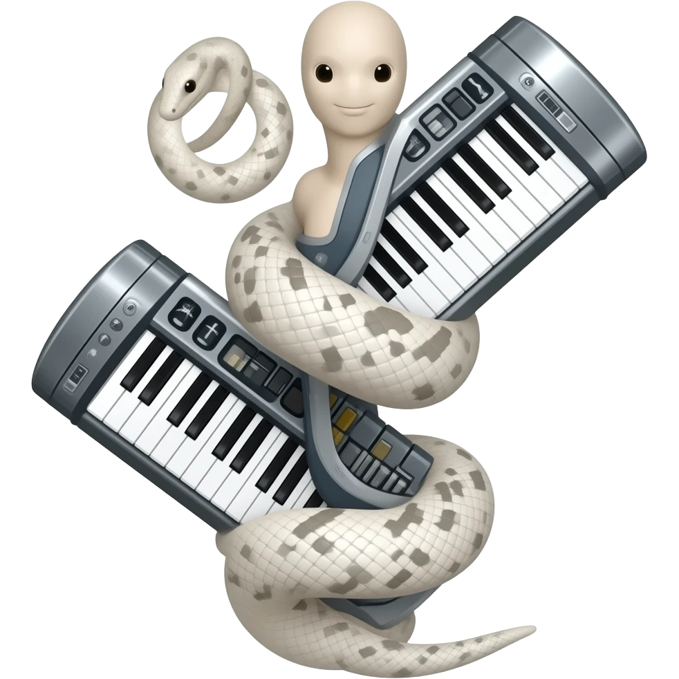 albino boa constrictor wrapped around futuristic tubular musical keyboards emoji