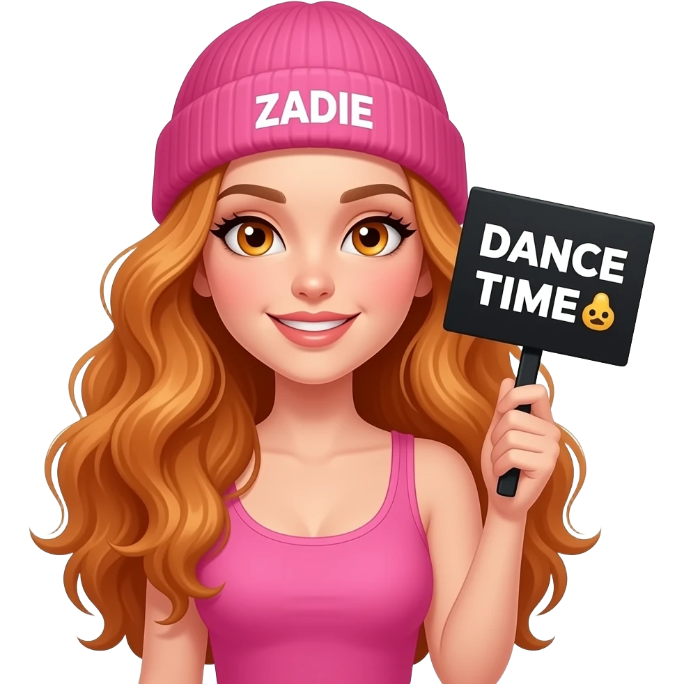 sexy girl with overlong wavy ginger hair and ginger eyes wearing a pink tanktop and a pink beanie with ZADIE written on it, is holding a black sign with DANCE TIME 💃 written on it emoji