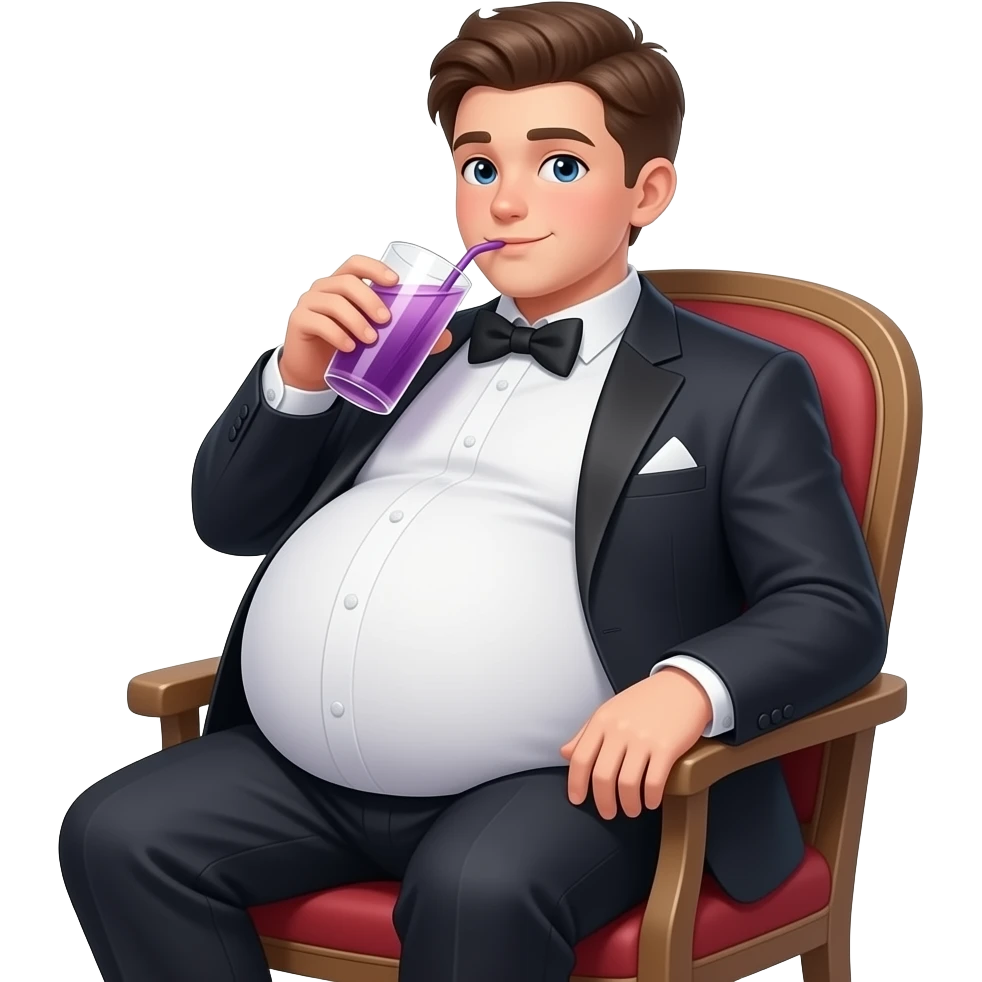 Chłopak ma 14 lat bardzo bardzo ogromnym brzucha brzuch🫄🏼 ma kształt jak ogromna piłka i brzuch jest bardzo twardy i elegancko ubrany i siedzi na krześle i pije 🟣 emoji