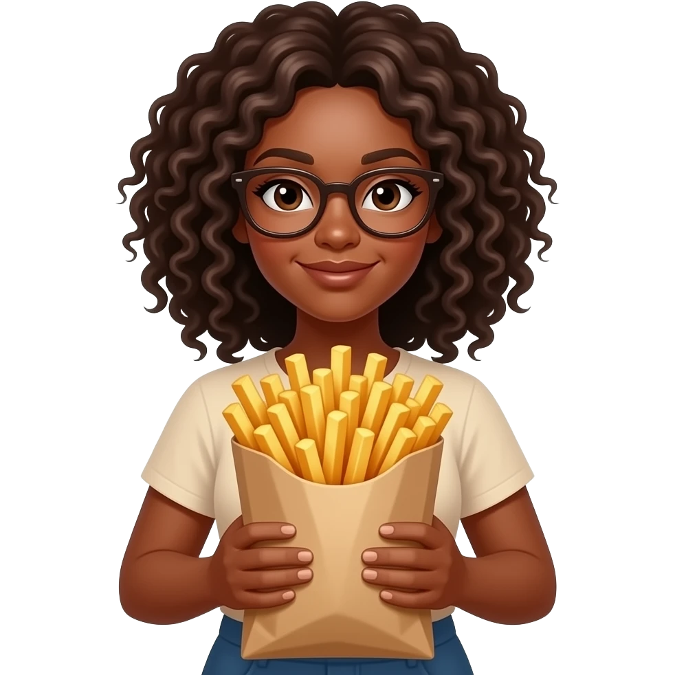 make a black woman with dark brown curly hair and dark brown glasses  holding a extra large bag of French fries emoji