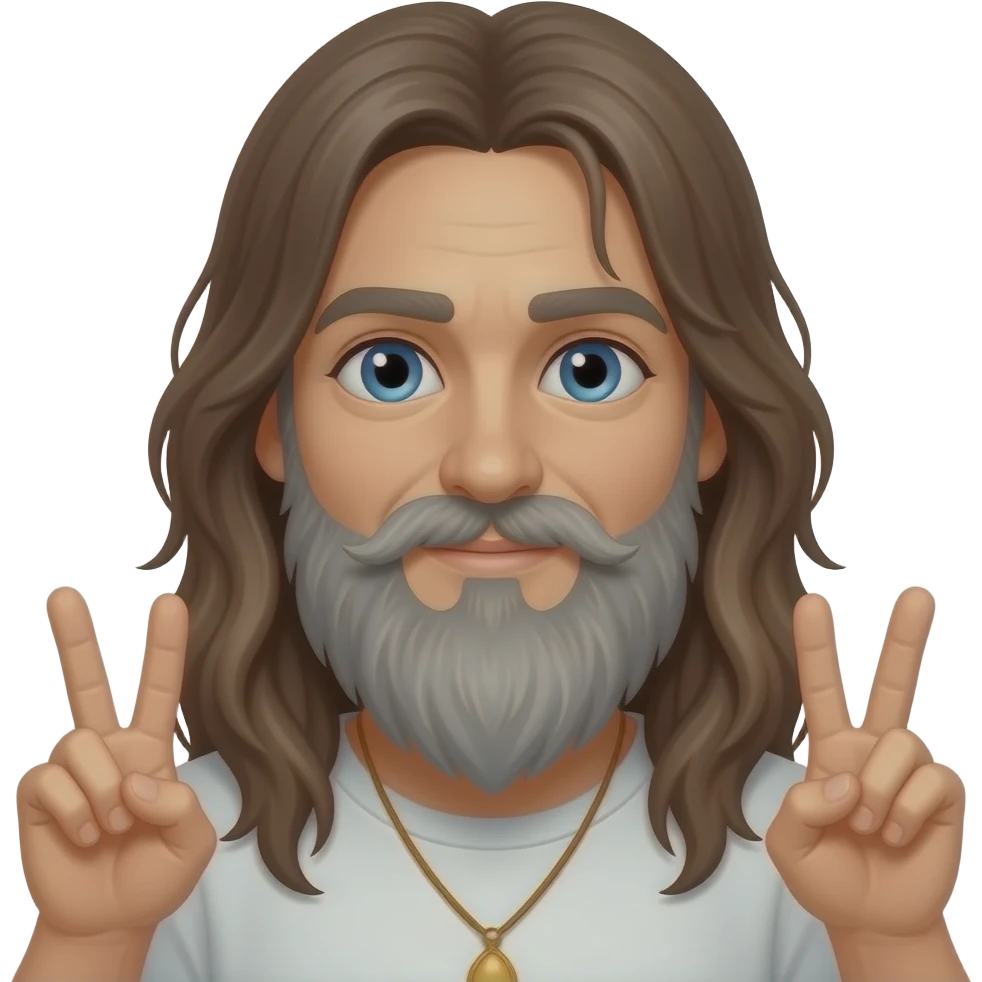 Long brown hair blue eyes long grey beard hippy with love hands emoji