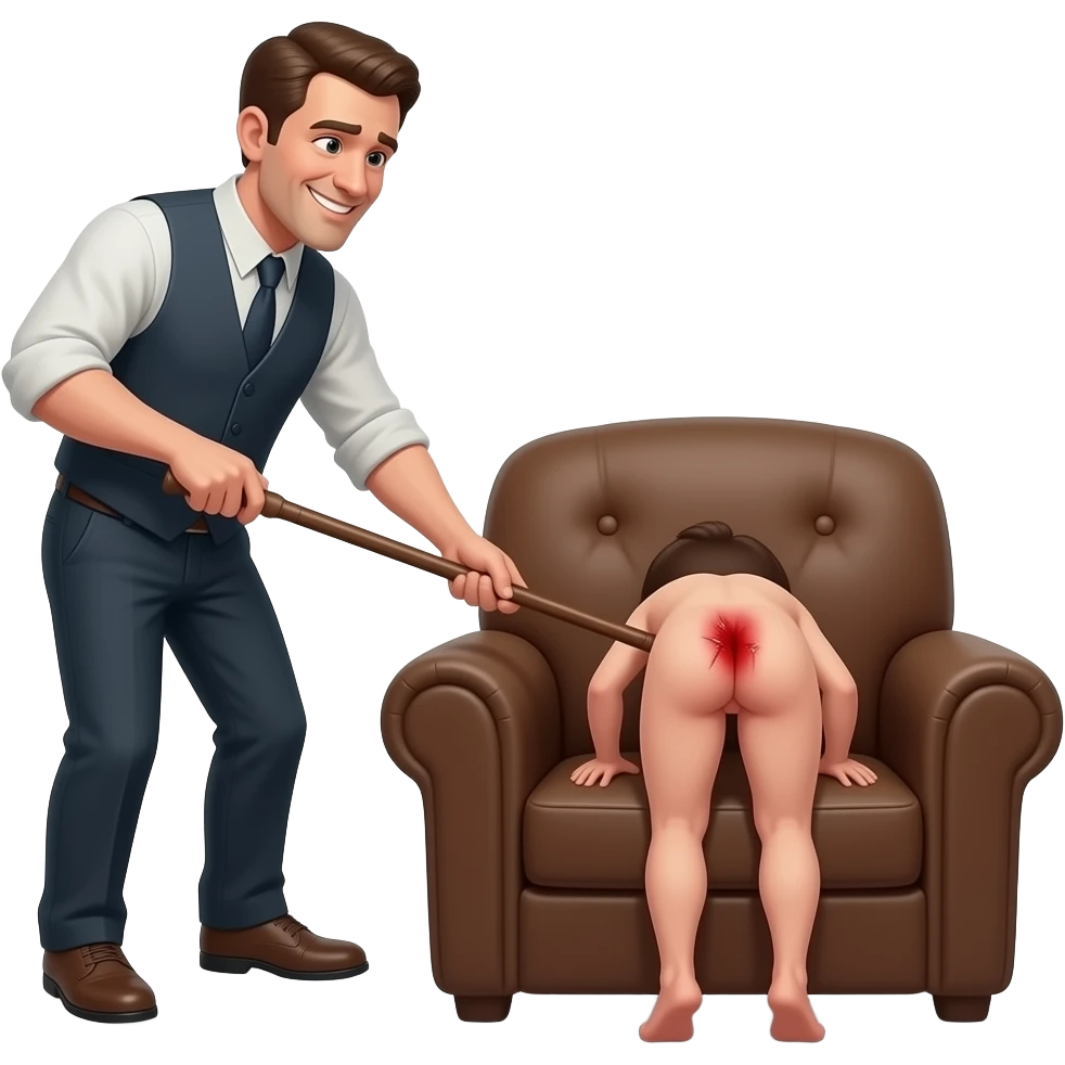 A cruelly smiling clothed man with a thin cane beating the bottom of a small, crying, naked man bending over the back of a brown armchair, his head down on the seat of the chair, legs hanging down the back of the chair,buttocks up high over the back of the chair and his red buttocks very bruised. emoji