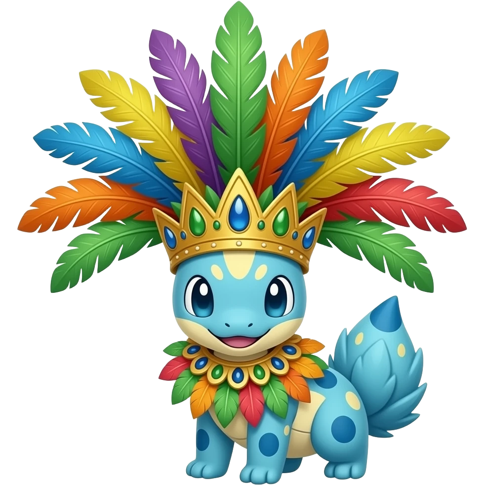 Absol-Flareon-Jolteon-Vaporeon-Fakémon-creature with Jamaican carnival feather headpiece, extravagant crown made of long colorful feathers emoji