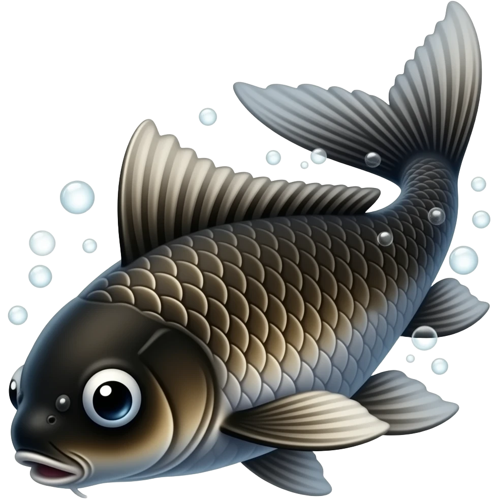 a black traditional legendary elite japanese koi fish, dark mode,bubbling, white color emoji
