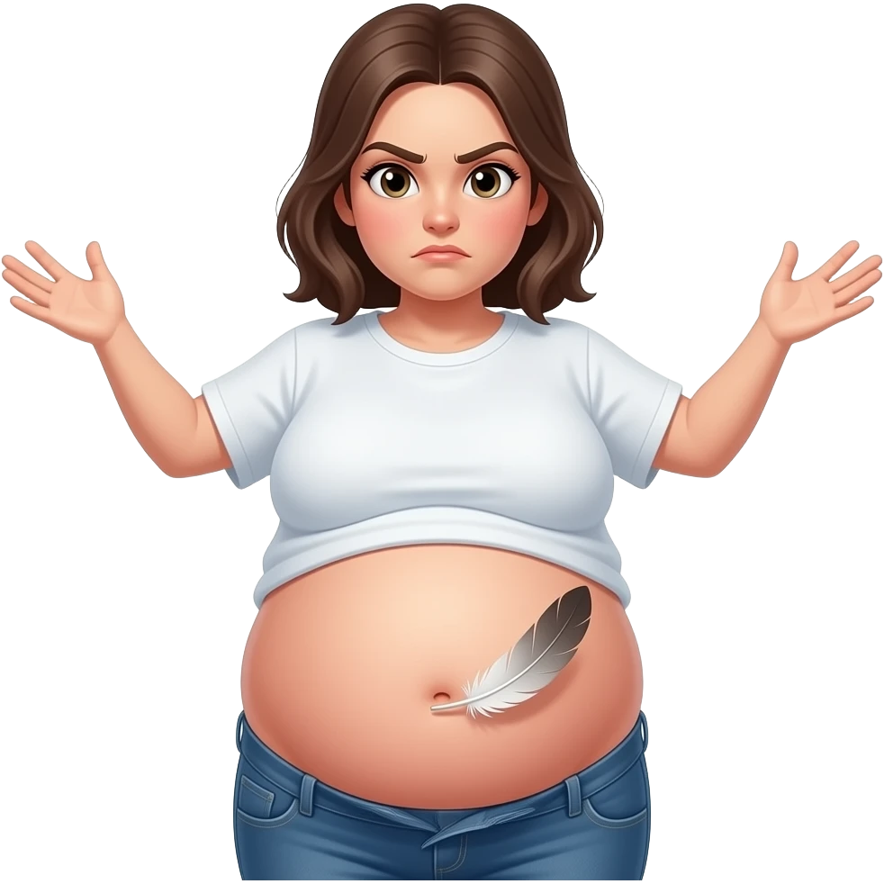 A girl with a huge bloated belly,now faces a battle with a feather that wants to tickle her bellybutton. emoji