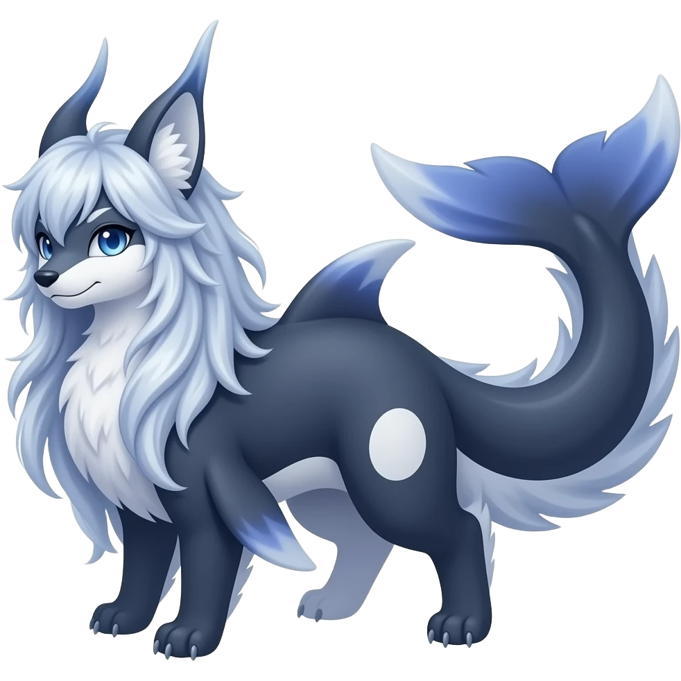 Bluish blackish whitish greyish gradients Absol-Amaura-Aurorus-Vulpix-hybrid with orca tail emoji