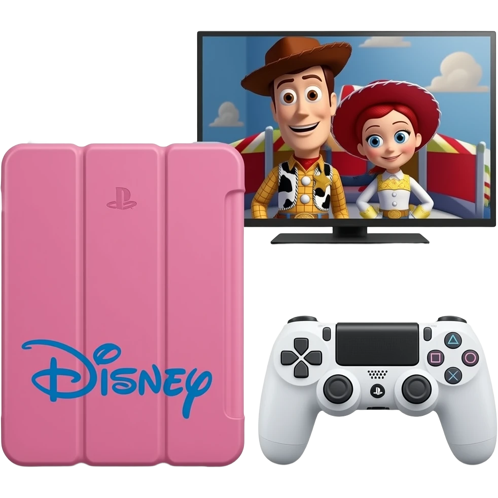 pink tablet case, a disney logo beside and a white playstation 4 hand control, a tv with toy story on (woody and jessie) symbolizes screen time emoji