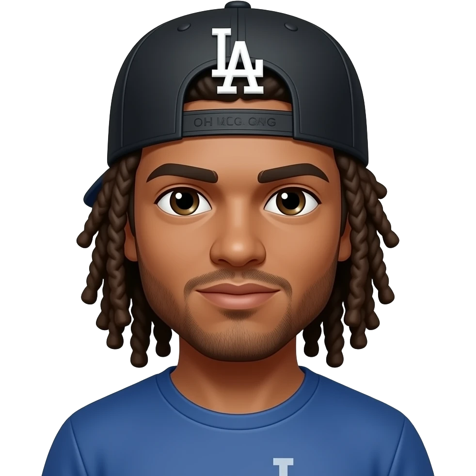 light skin guy with a black LA dodgers hat black worn backwards long hair dreaded long long long hair emoji