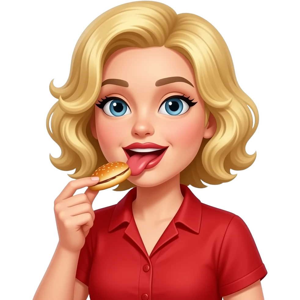 Short blond hair in curls salivating on food in a red short sleeve blouse and brown lipstick emoji