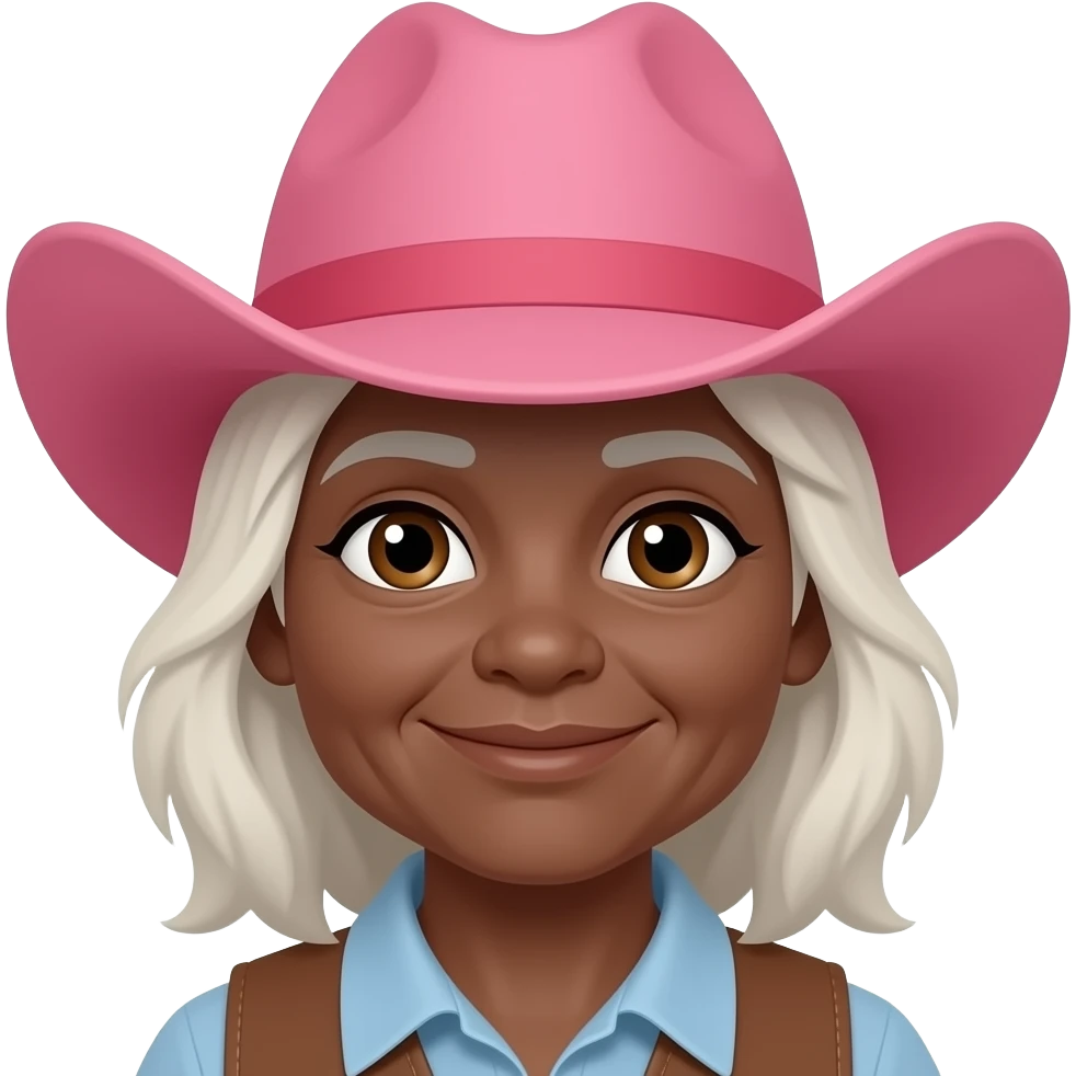Old  aged Cowgirl with pink hat dark tanned skin grey/blonde hair brown eye brows brown eyes emoji