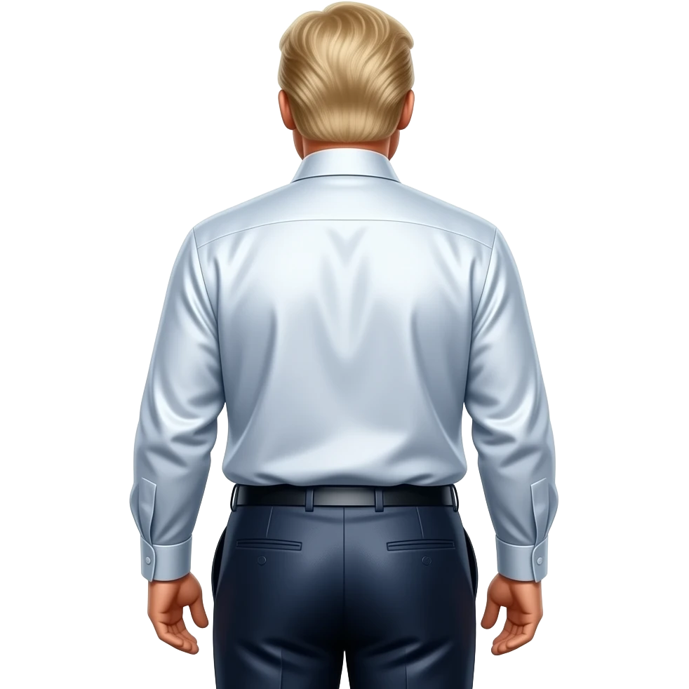 Donald Trump from behind with white metallic dress shirt, navy metallic dress pants emoji