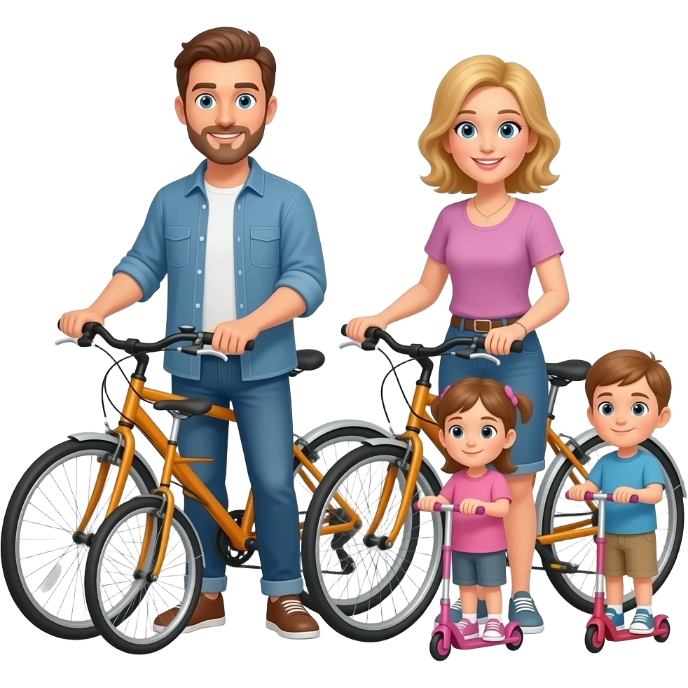папа и мама стоят около велосипедов  дети на самокатахх emoji