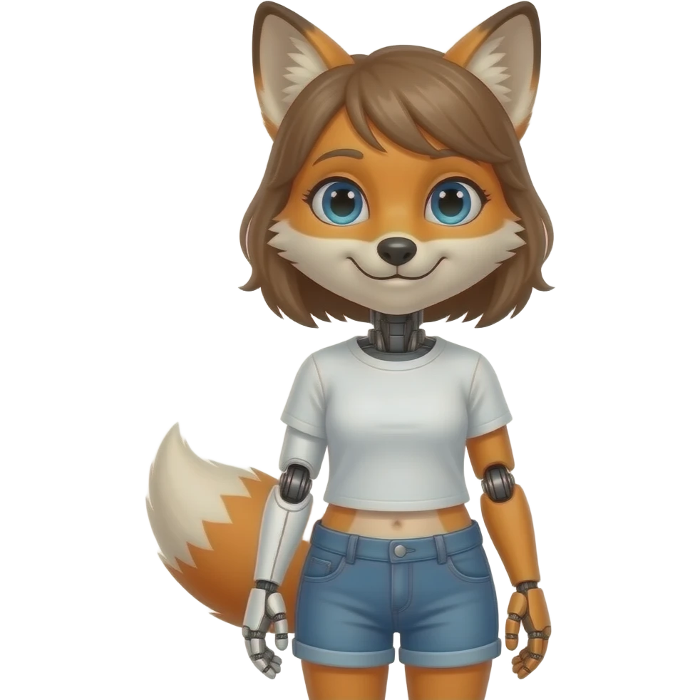 A humanoid robot female fox wearing a tee shirt and shorts emoji