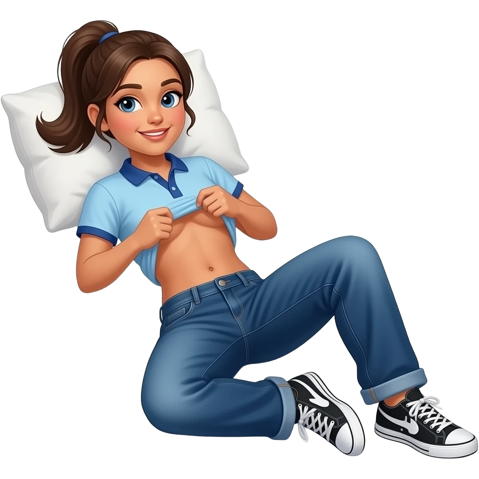 Hispanic girl with brown ponytail and blue eyes light blue and dark blue polo and dark blue baggy jeans and white and black sneakers and belly button laying down on her pillow on her bed lifting her shirt to show her belly emoji