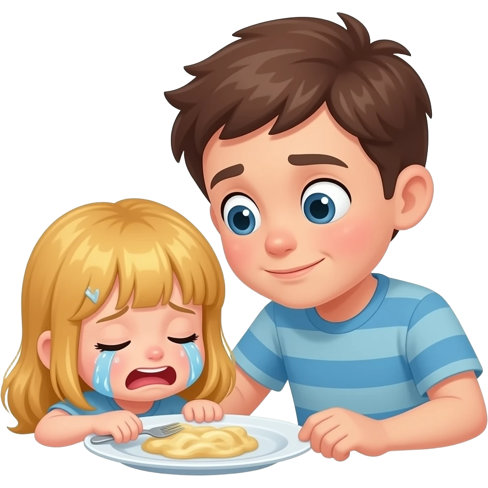 A boy eating a girl on a plate the girl crying emoji