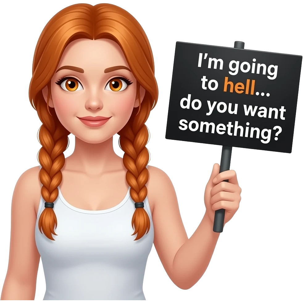 sexy girl with long ginger braids and ginger eyes wearing a white tanktop is holding a black sign with Ich fahr zur HÖLLE... brauchst DU was? written on it emoji