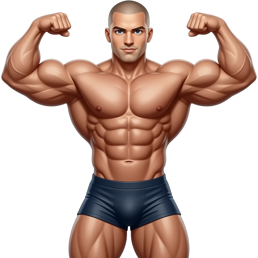 Erstelle ein Bild von einem nackten Bodybuilder mit glatze. Eine sehr breit Schulter und extrem muskulöser Mann, so muskulös das man seine Adern an den Armen sehne kann. Er macht typische Bodybuilder Posen emoji