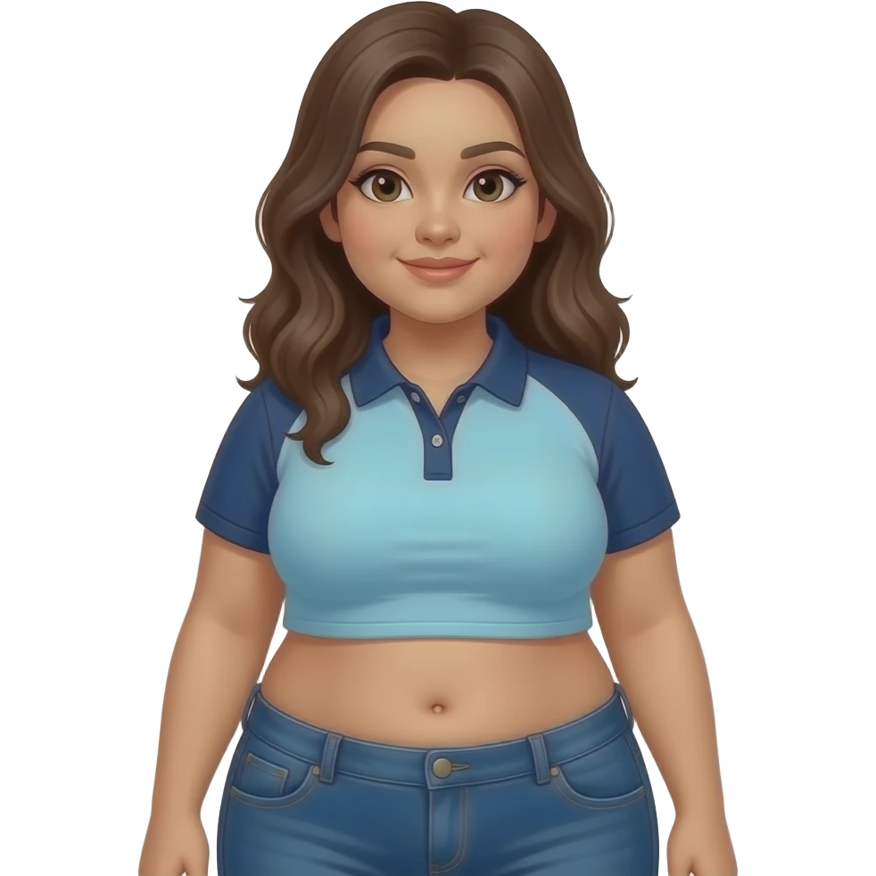 Obese hispanic girl with brown hair, light blue and dark blue cropped polo, and dark blue jeans with a belly button emoji