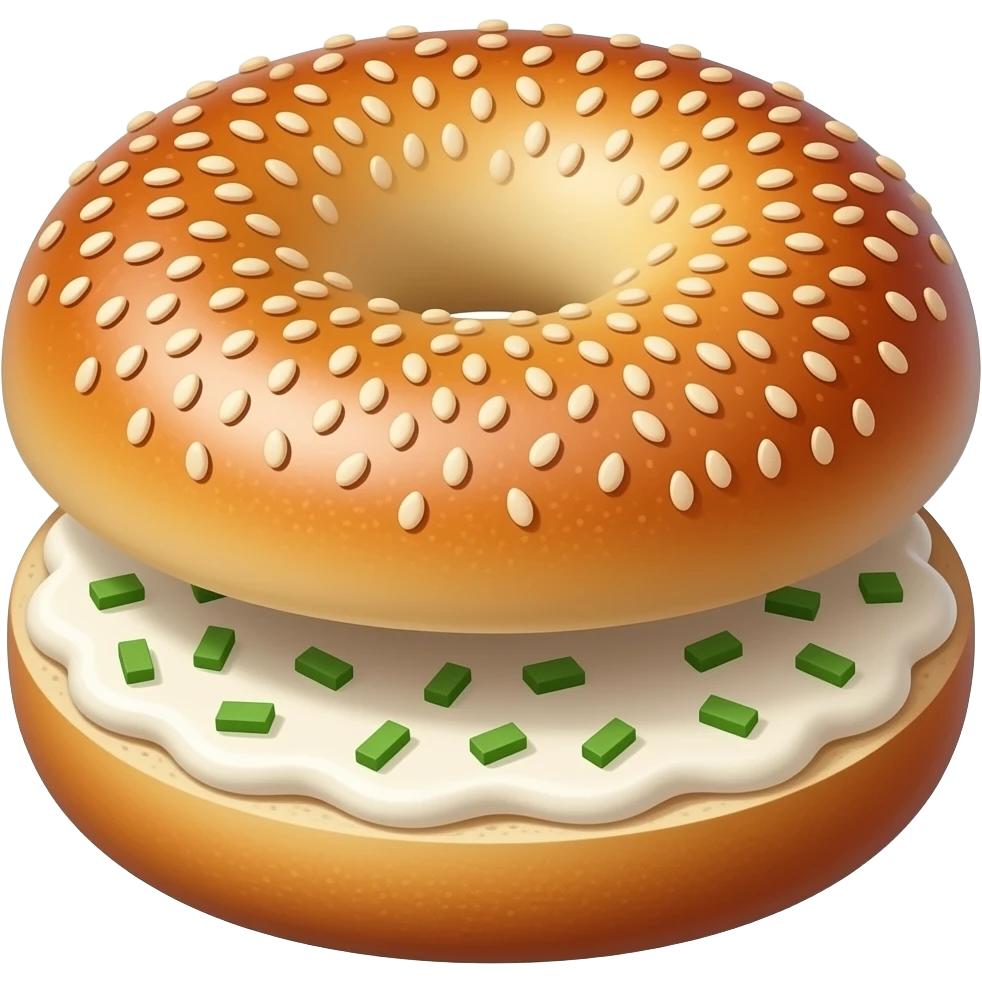 Everything bagel split with the top piece upside down sitting on top of the other with cream cheese on them and really show the seeds on the bagel and a little bit of the chive and the cream cheese emoji