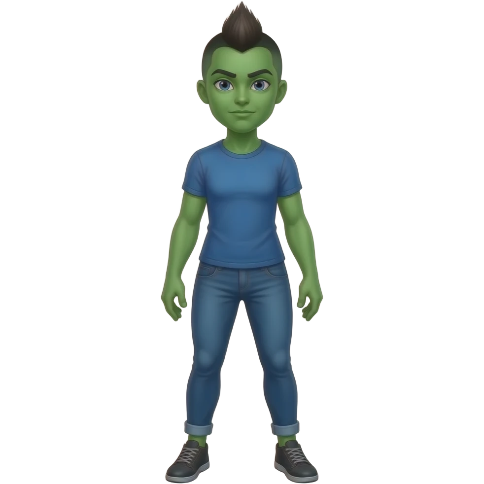 Full body Female shehulk wearing blue outfit tshirt and tights with pixie mohawk hair emoji