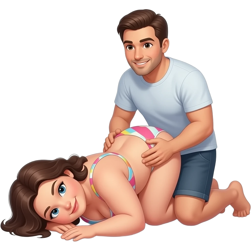 Thick Woman with smala waist in bikini laying on her knee and hands and head on on the floor with man behind grabbing hier waist emoji