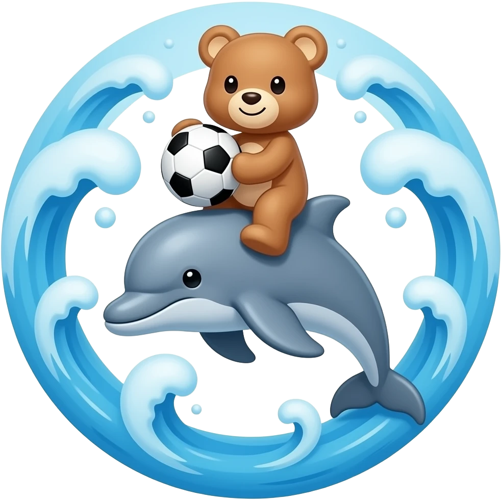 teddybear riding a dolphin with soccerball in circle  with wave emoji