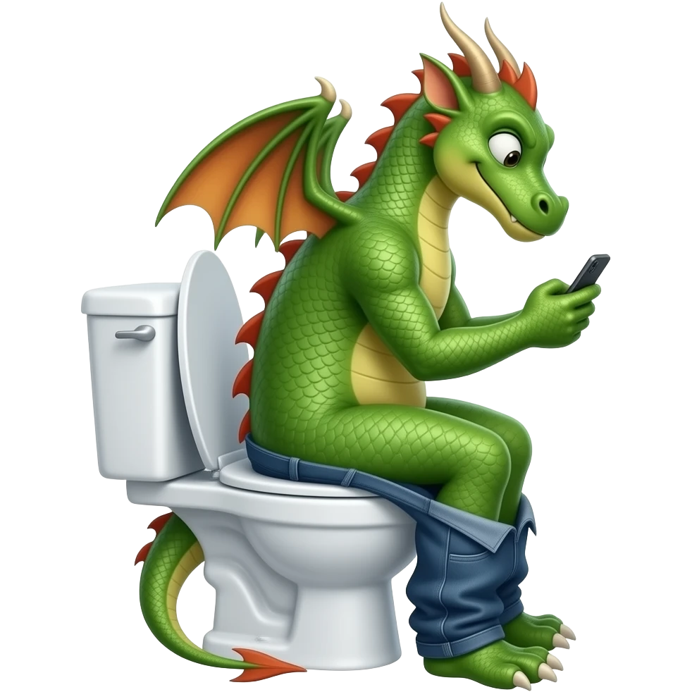 dragon sitting on toilet,  side view ,pants down, pushing, looking at phone emoji